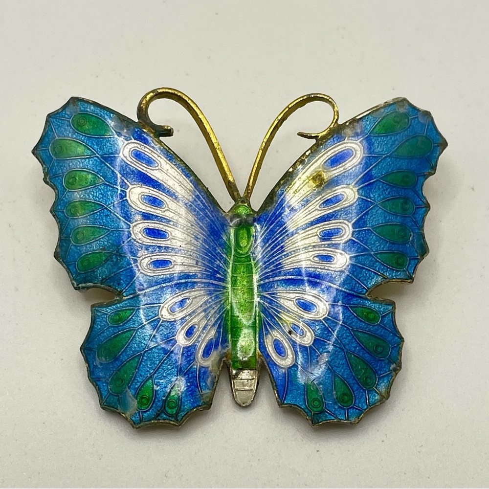 Vintage Rare Enamel Cloisonné Butterfly Enamel Brooch in Blue, Green & White